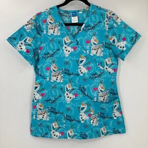 Disney Blue Frozen Olaf Snowman Feel Warm Short Sleeve Scrub Nurse Top Shirt